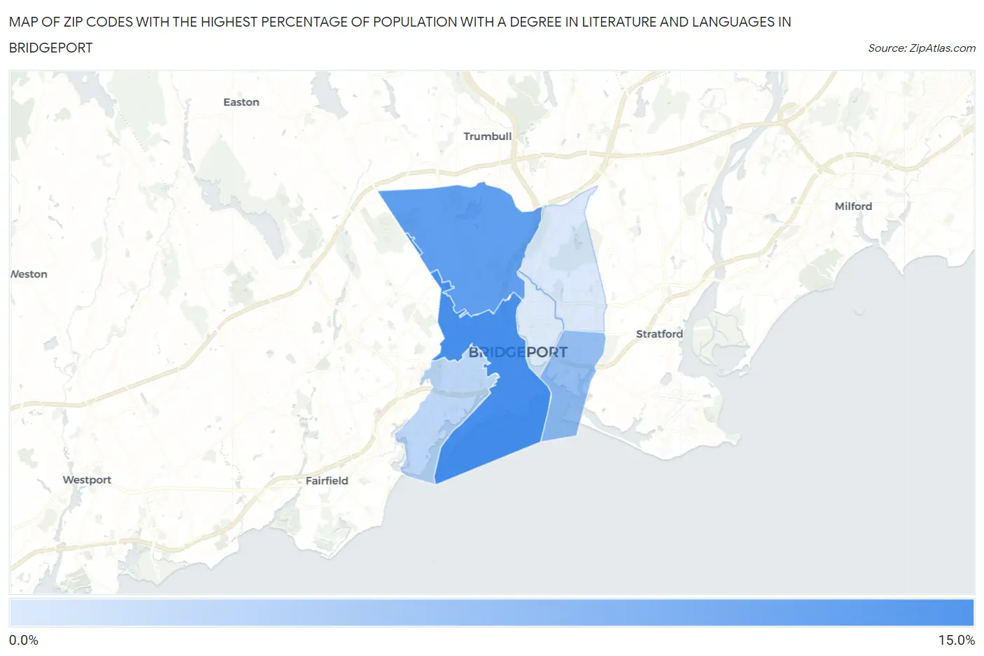 Zip Codes with the Highest Percentage of Population with a Degree in Literature and Languages in Bridgeport Map