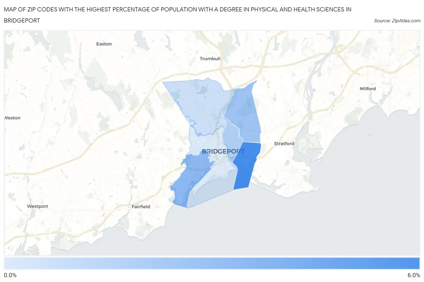 Zip Codes with the Highest Percentage of Population with a Degree in Physical and Health Sciences in Bridgeport Map