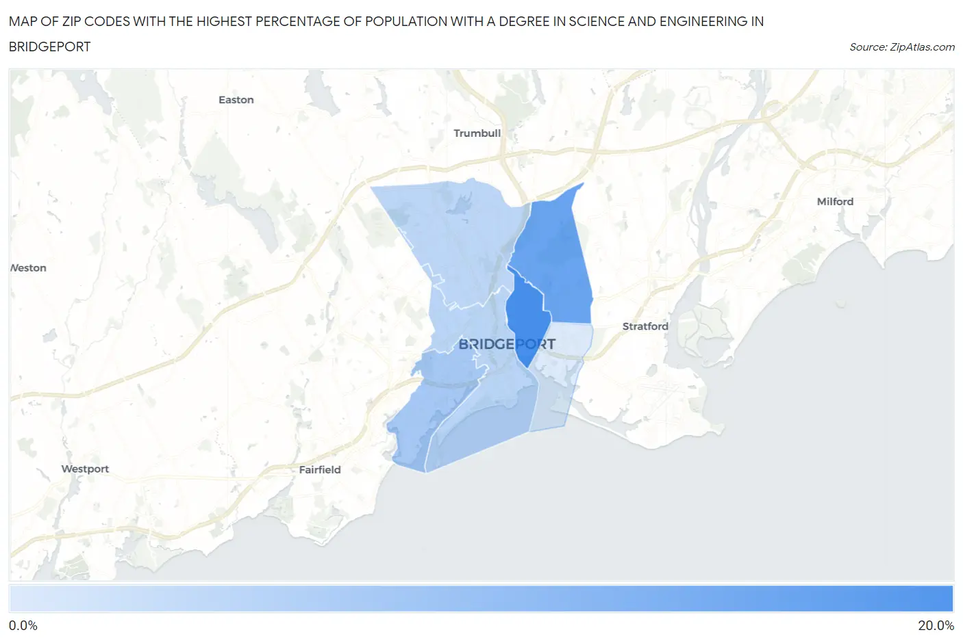Zip Codes with the Highest Percentage of Population with a Degree in Science and Engineering in Bridgeport Map