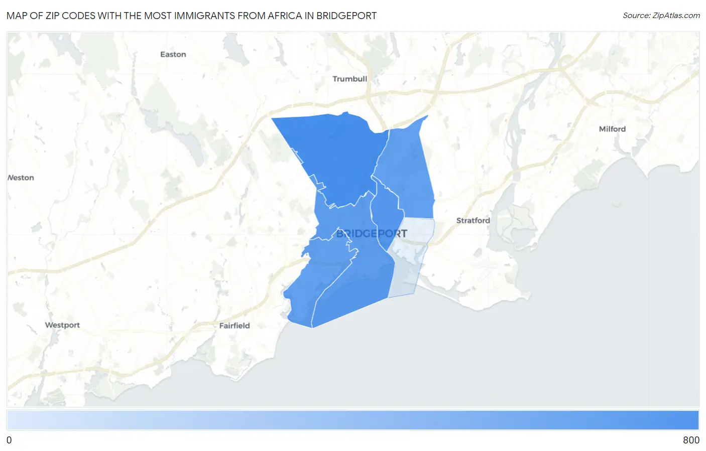 Zip Codes with the Most Immigrants from Africa in Bridgeport Map