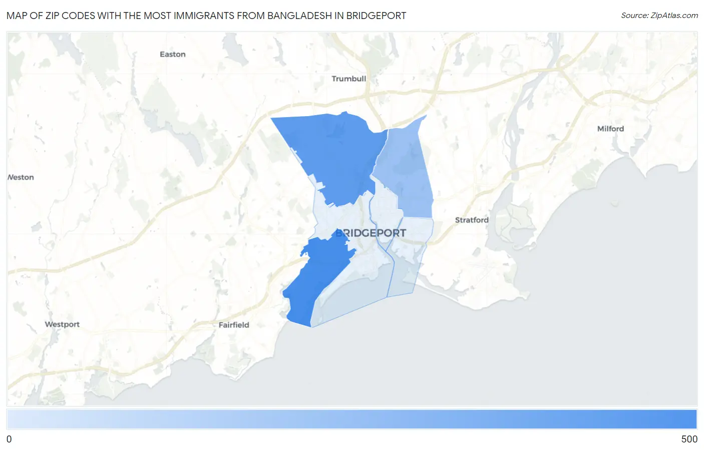 Zip Codes with the Most Immigrants from Bangladesh in Bridgeport Map