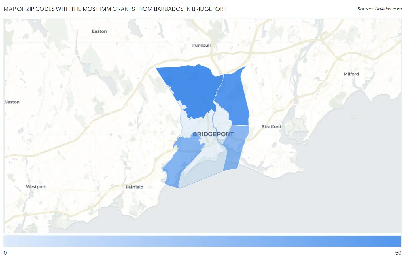 Zip Codes with the Most Immigrants from Barbados in Bridgeport Map