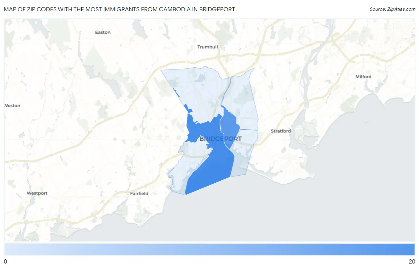 Zip Codes with the Most Immigrants from Cambodia in Bridgeport Map