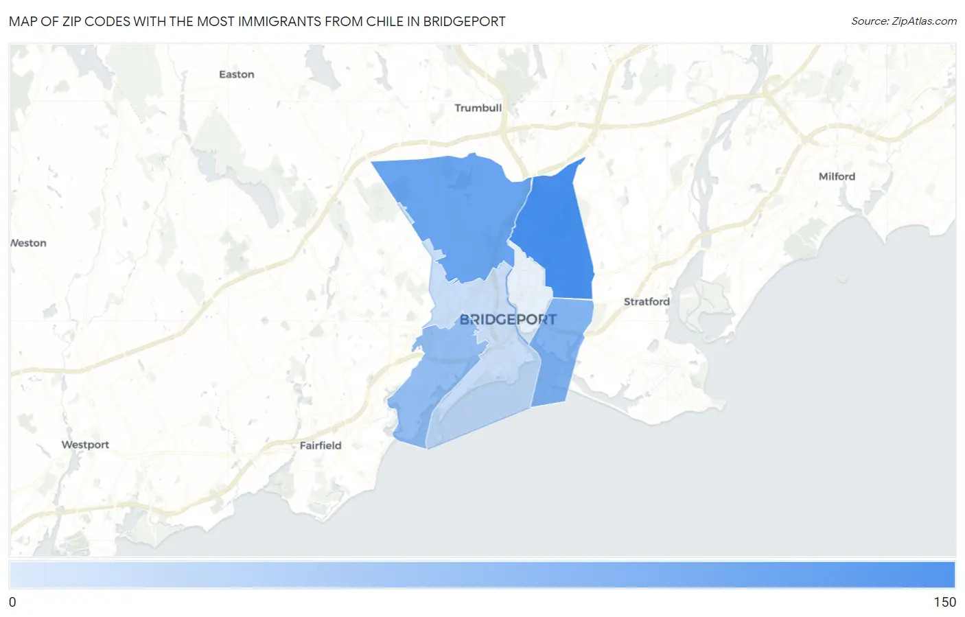 Zip Codes with the Most Immigrants from Chile in Bridgeport Map