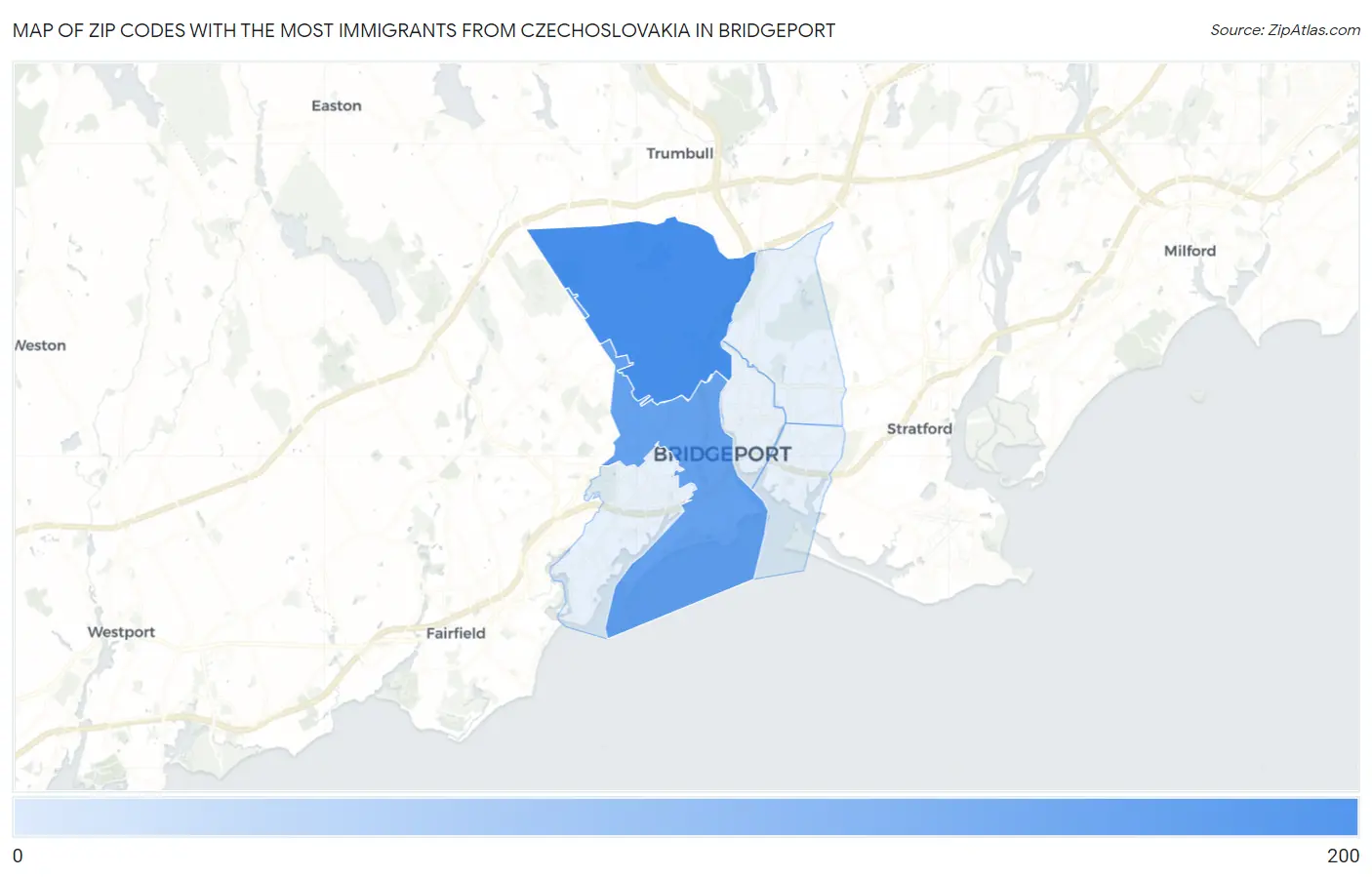 Zip Codes with the Most Immigrants from Czechoslovakia in Bridgeport Map
