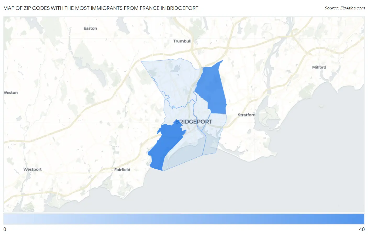 Zip Codes with the Most Immigrants from France in Bridgeport Map