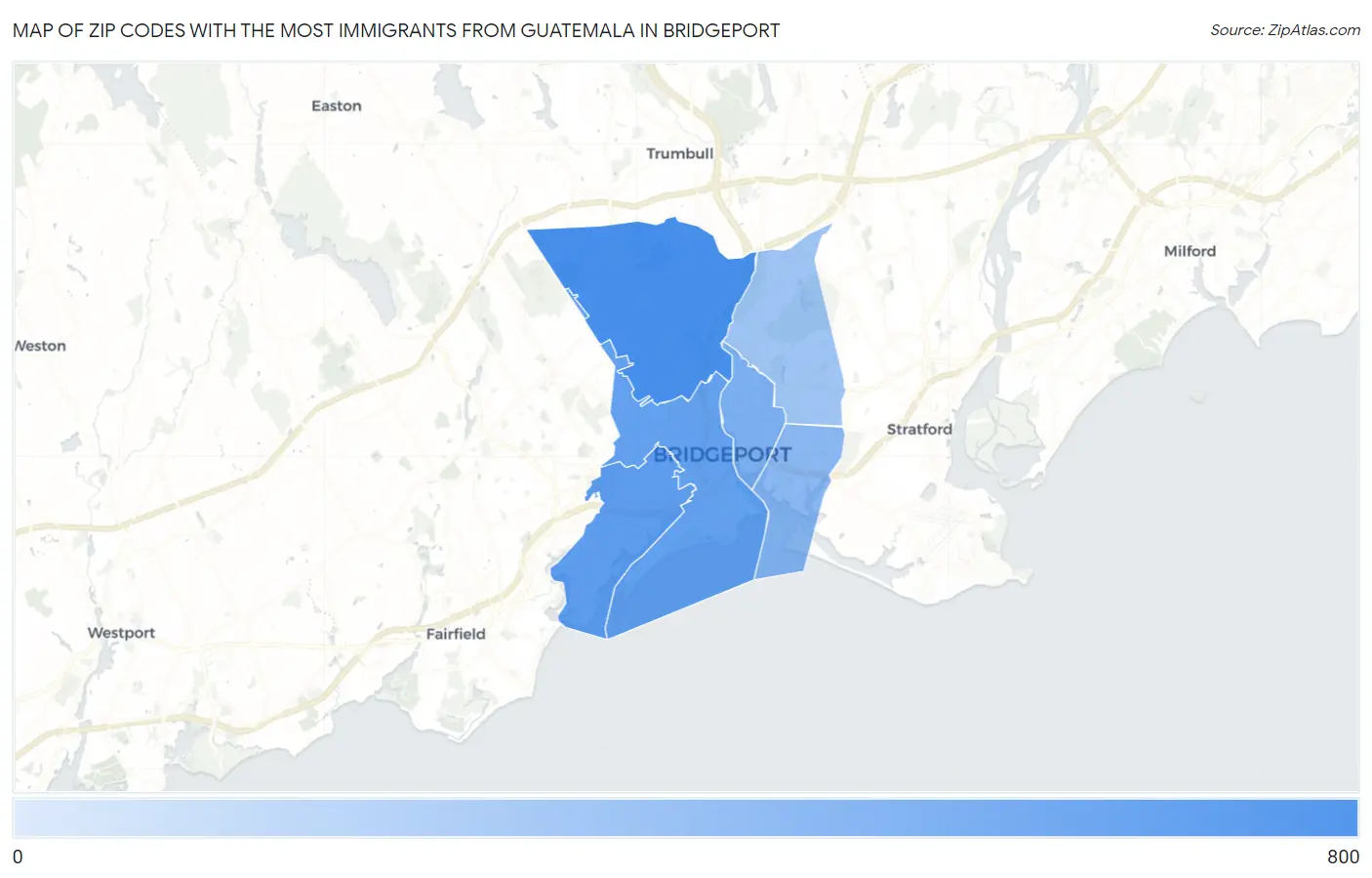 Zip Codes with the Most Immigrants from Guatemala in Bridgeport Map
