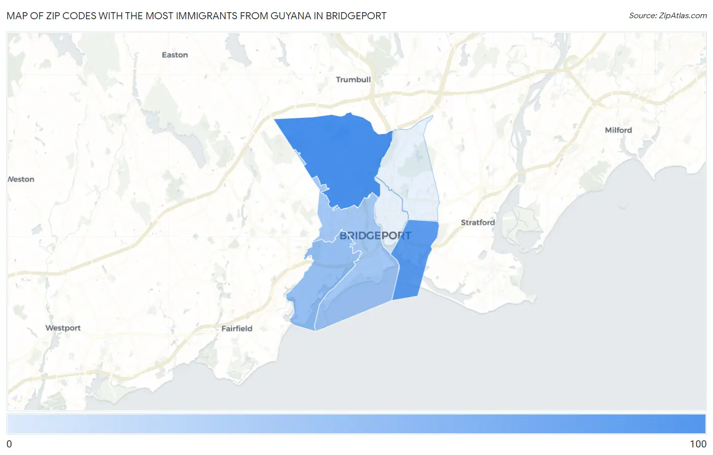 Zip Codes with the Most Immigrants from Guyana in Bridgeport Map