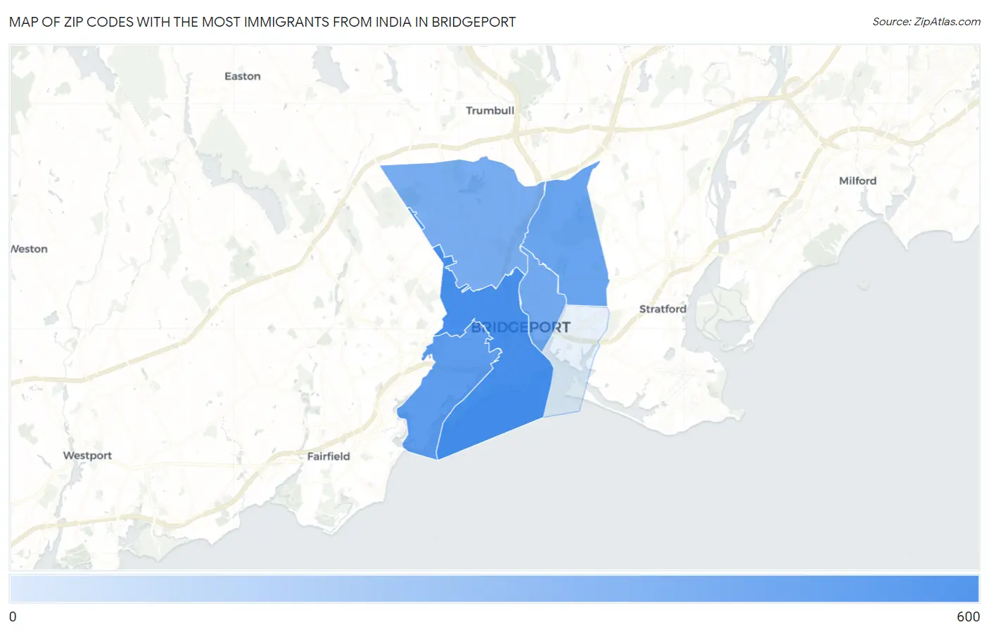 Zip Codes with the Most Immigrants from India in Bridgeport Map