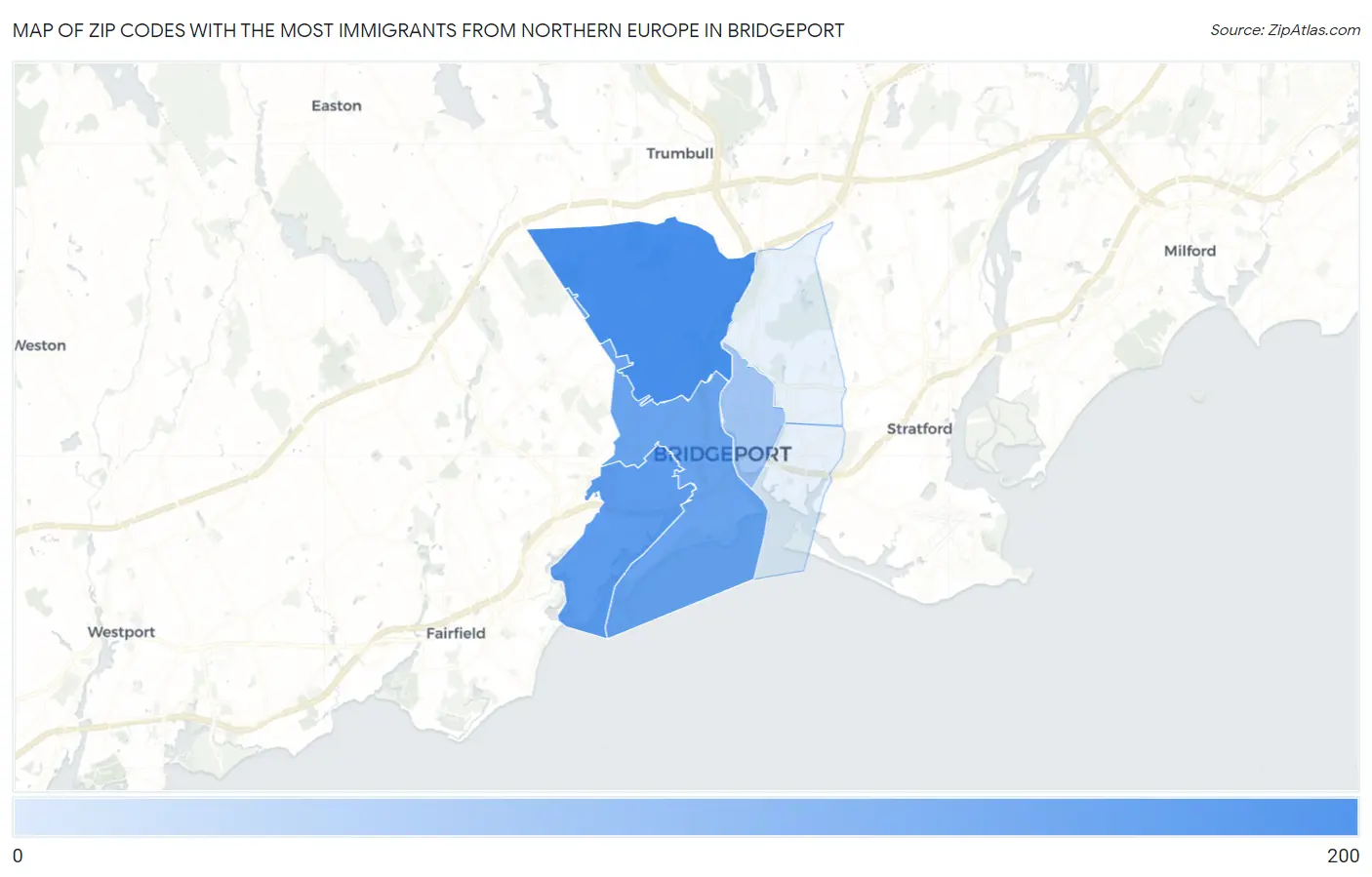 Zip Codes with the Most Immigrants from Northern Europe in Bridgeport Map