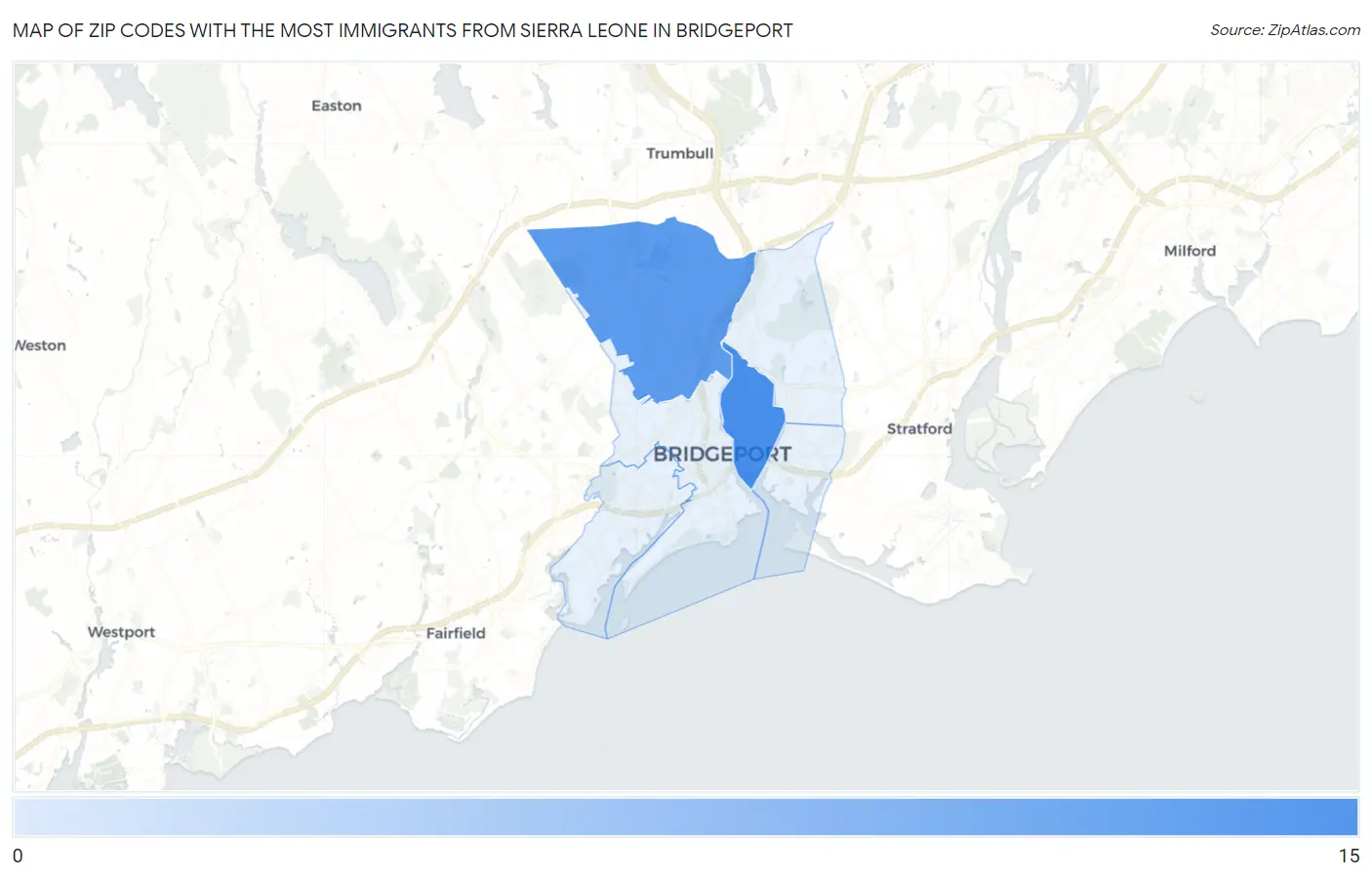 Zip Codes with the Most Immigrants from Sierra Leone in Bridgeport Map