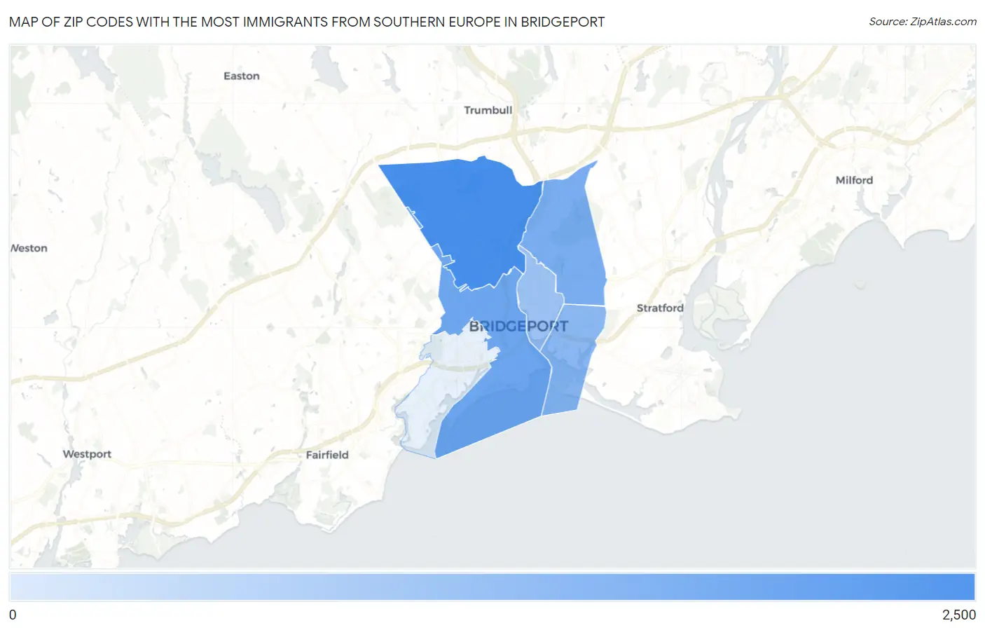 Zip Codes with the Most Immigrants from Southern Europe in Bridgeport Map