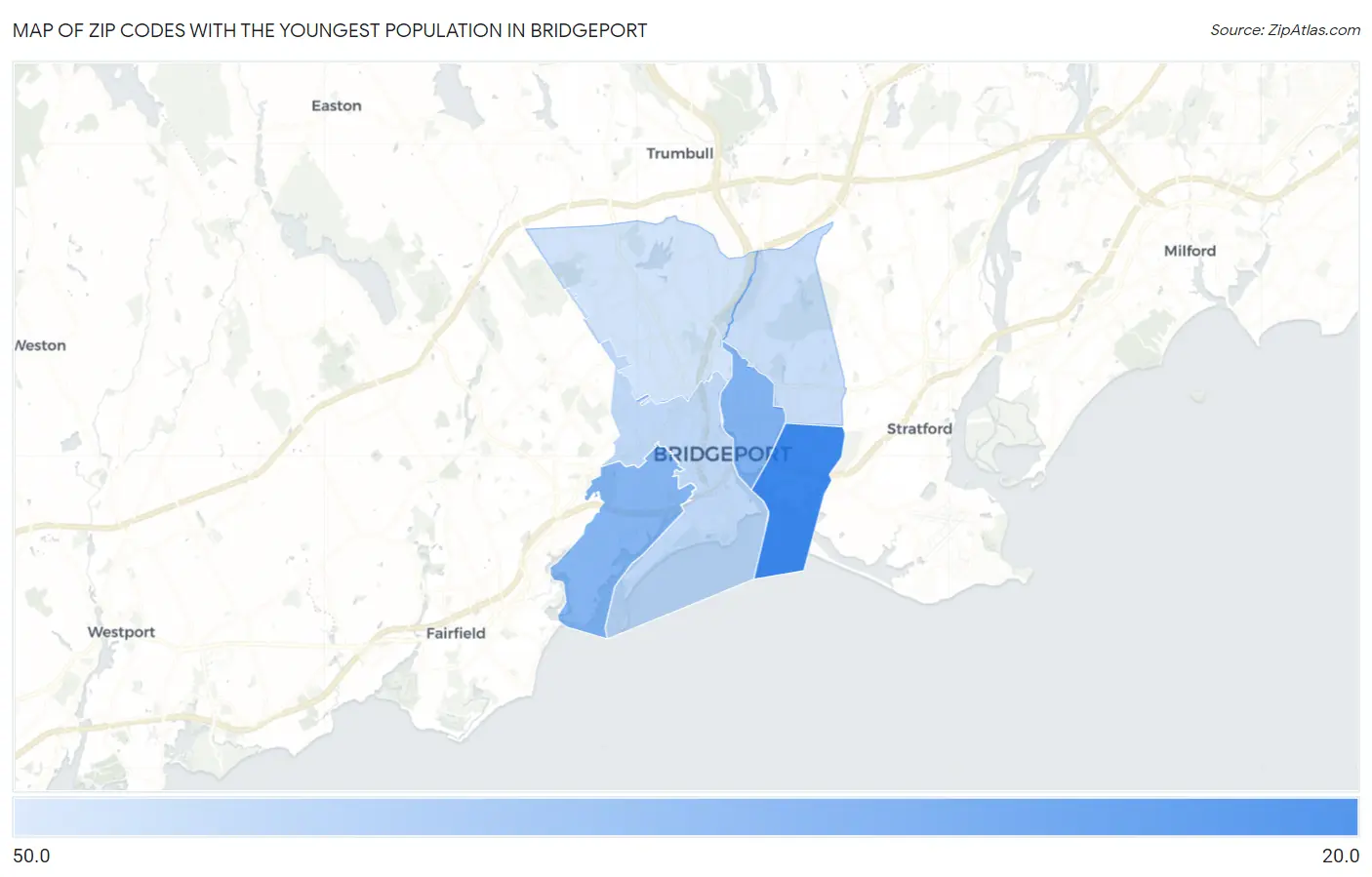 Zip Codes with the Youngest Population in Bridgeport Map