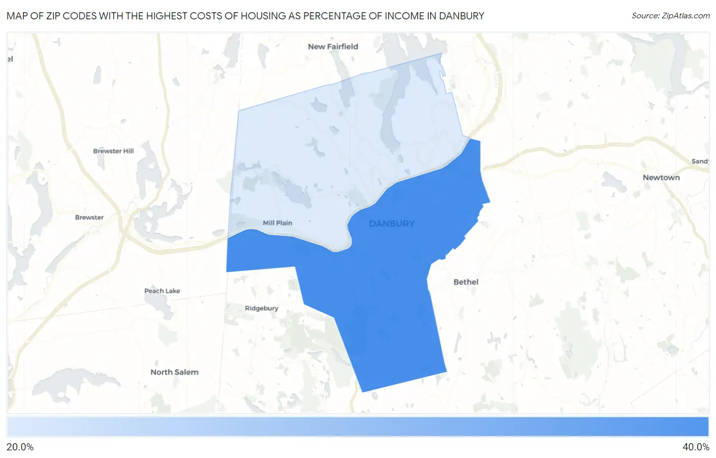 Zip Codes with the Highest Costs of Housing as Percentage of Income in Danbury Map