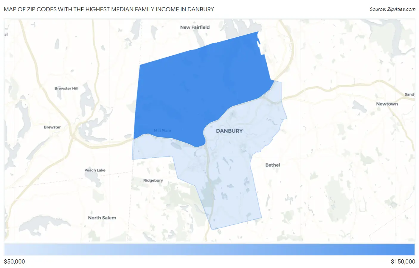 Zip Codes with the Highest Median Family Income in Danbury Map