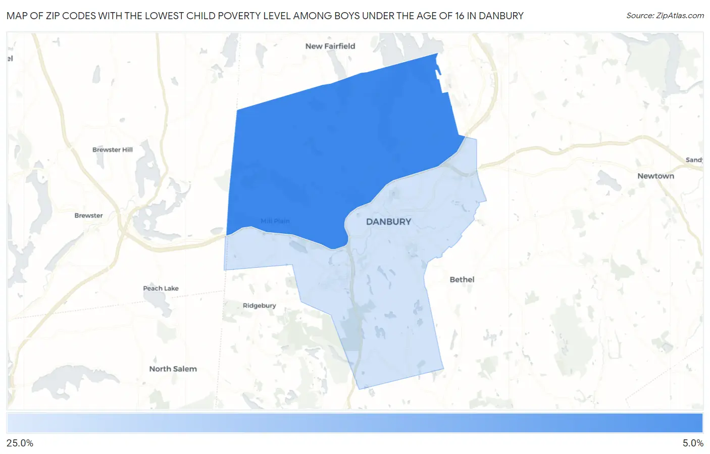 Zip Codes with the Lowest Child Poverty Level Among Boys Under the Age of 16 in Danbury Map