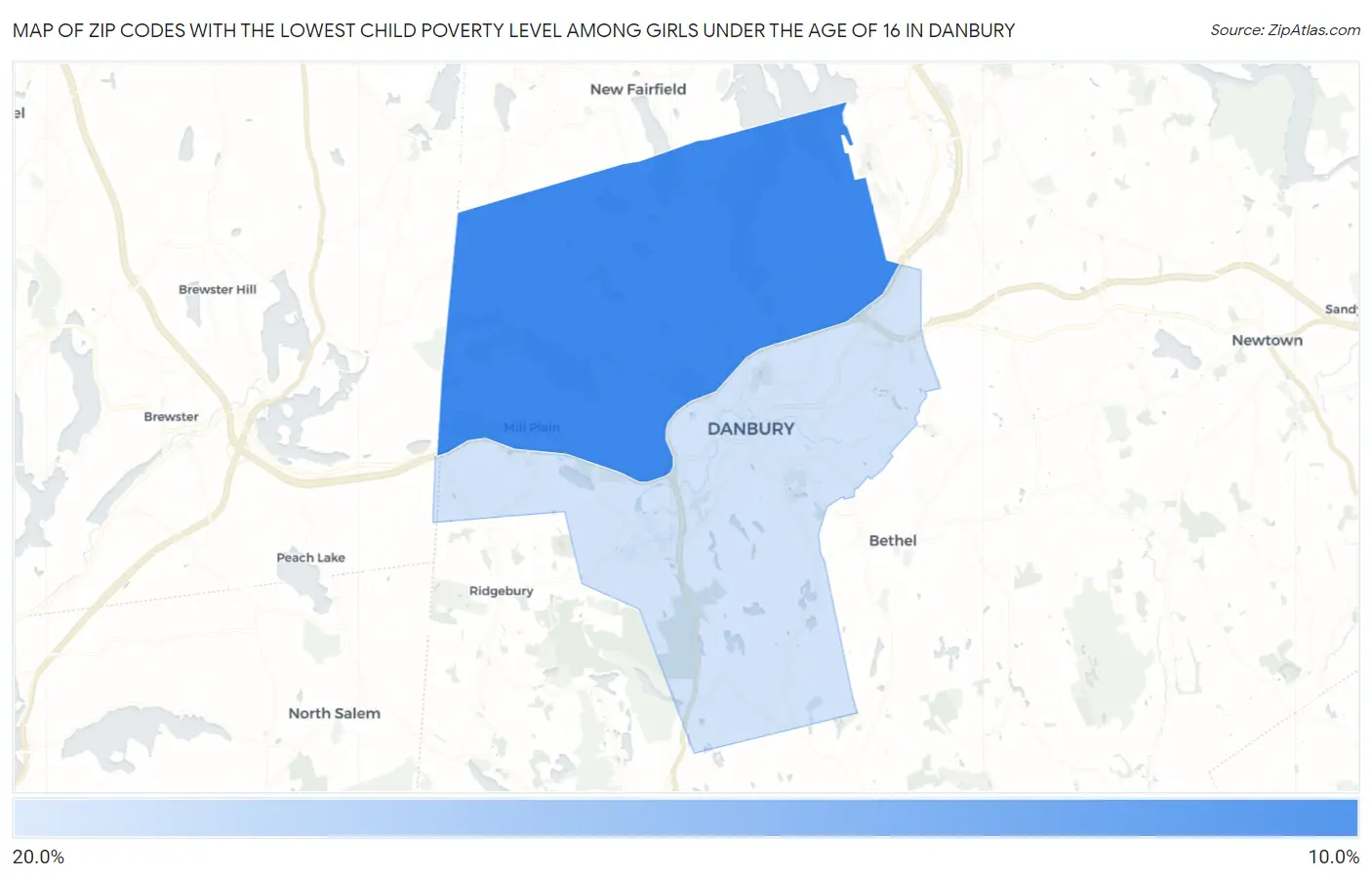 Zip Codes with the Lowest Child Poverty Level Among Girls Under the Age of 16 in Danbury Map