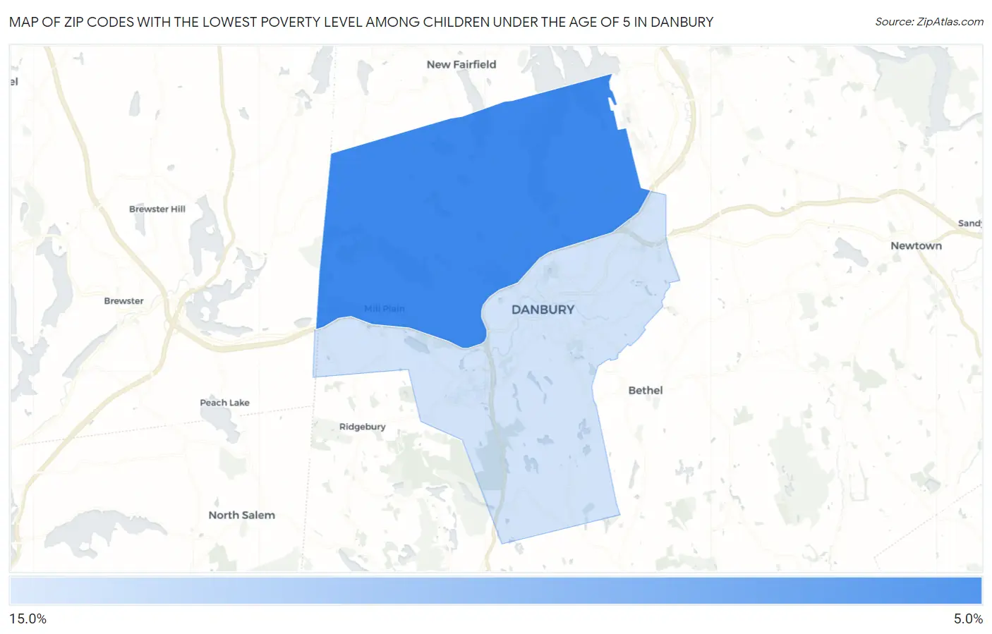 Zip Codes with the Lowest Poverty Level Among Children Under the Age of 5 in Danbury Map