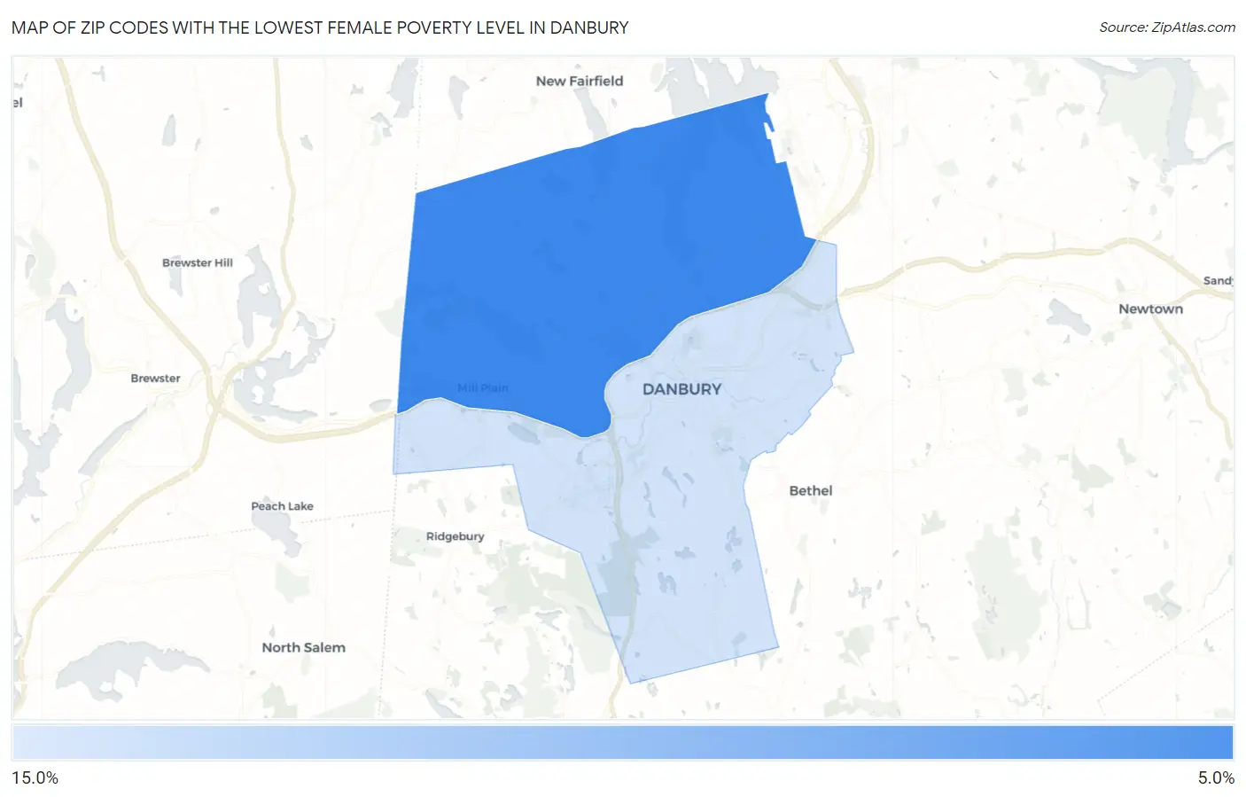 Zip Codes with the Lowest Female Poverty Level in Danbury Map