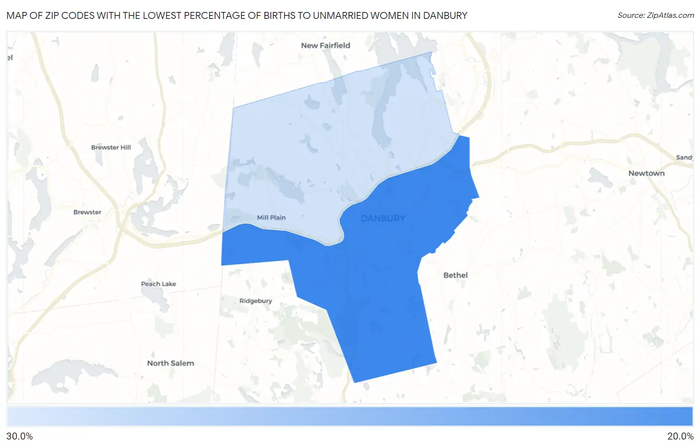 Zip Codes with the Lowest Percentage of Births to Unmarried Women in Danbury Map