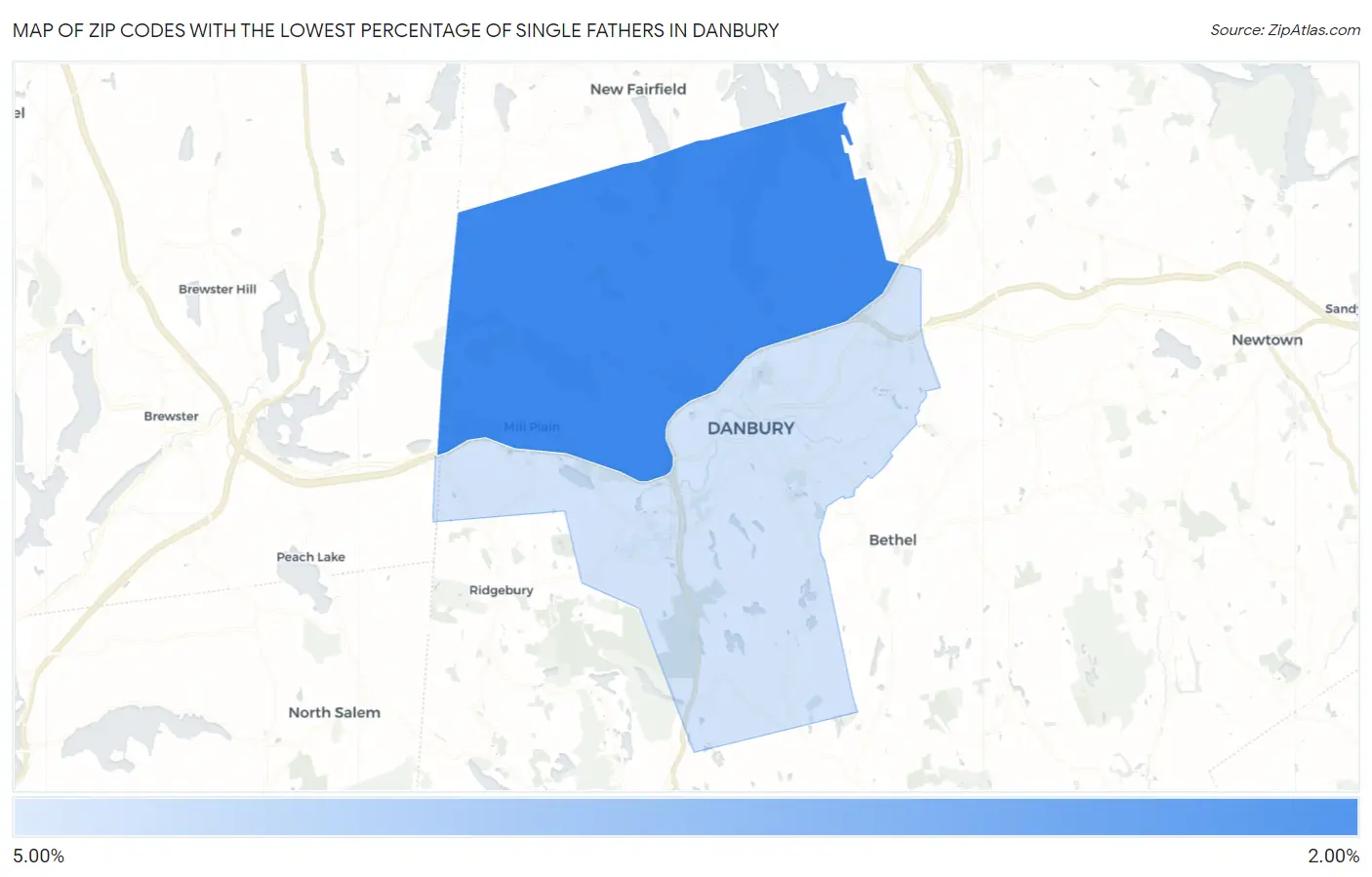 Zip Codes with the Lowest Percentage of Single Fathers in Danbury Map
