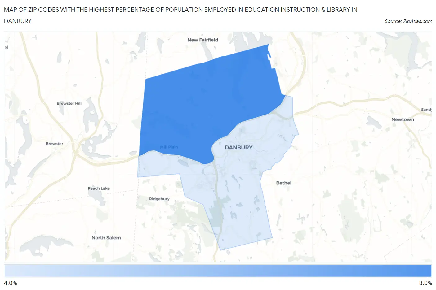 Zip Codes with the Highest Percentage of Population Employed in Education Instruction & Library in Danbury Map
