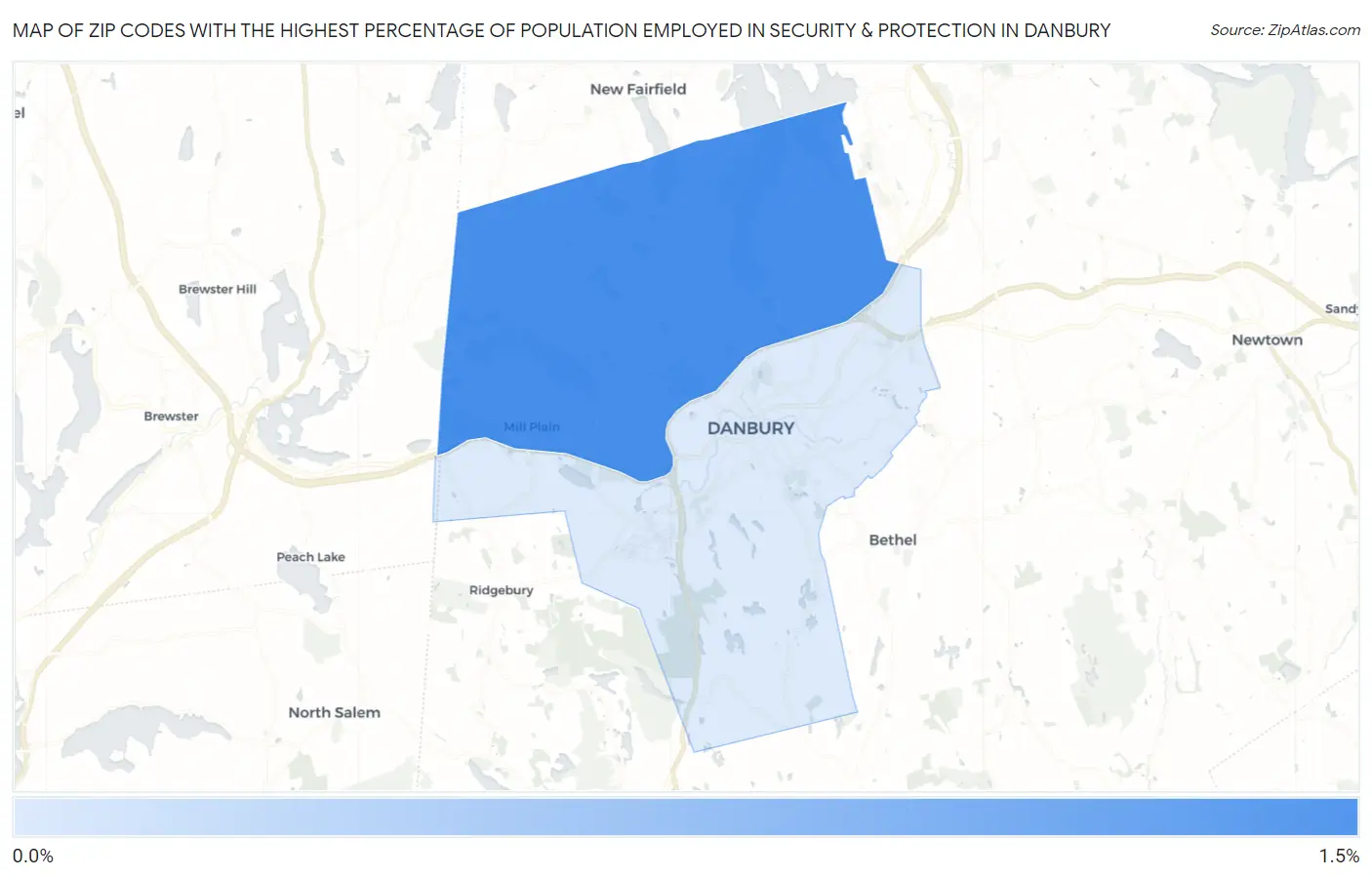 Zip Codes with the Highest Percentage of Population Employed in Security & Protection in Danbury Map