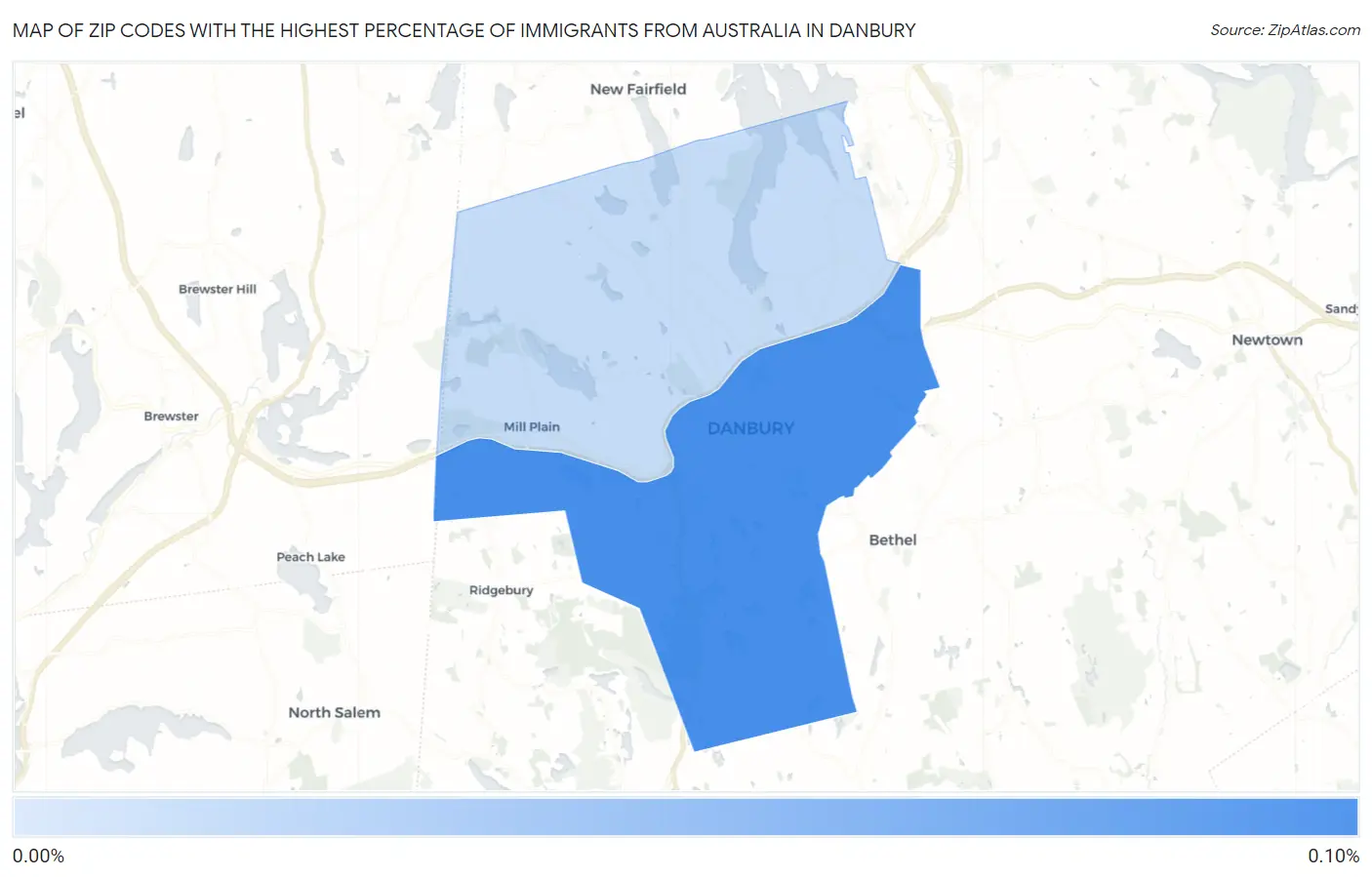 Zip Codes with the Highest Percentage of Immigrants from Australia in Danbury Map