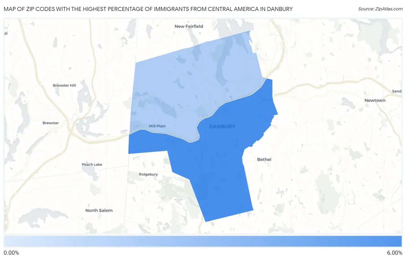 Zip Codes with the Highest Percentage of Immigrants from Central America in Danbury Map