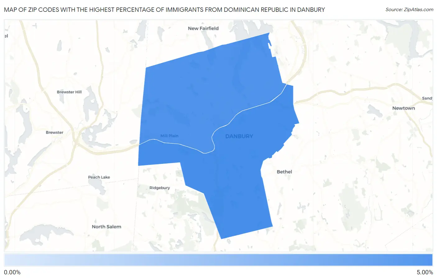 Zip Codes with the Highest Percentage of Immigrants from Dominican Republic in Danbury Map