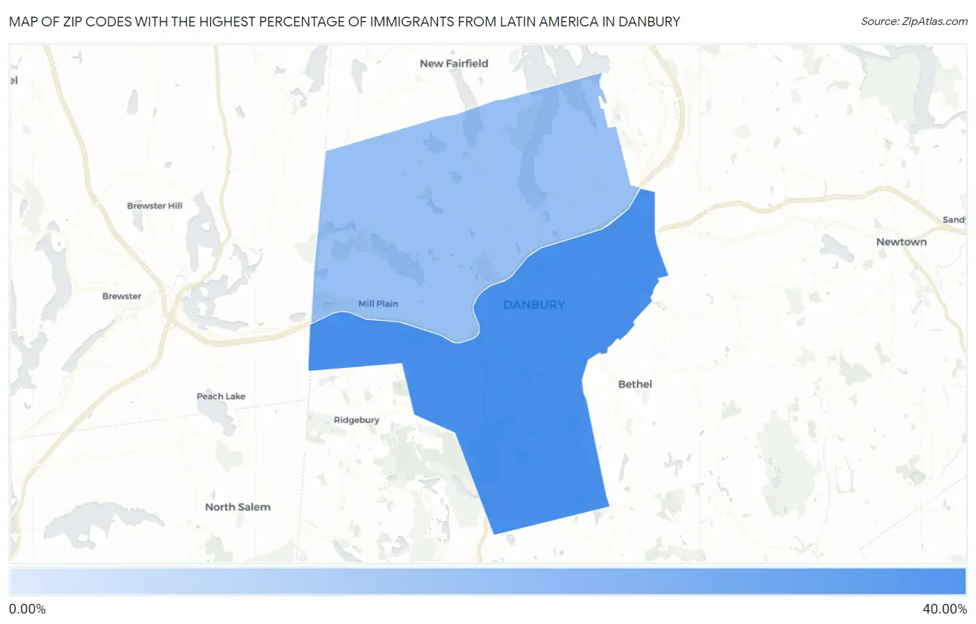 Zip Codes with the Highest Percentage of Immigrants from Latin America in Danbury Map