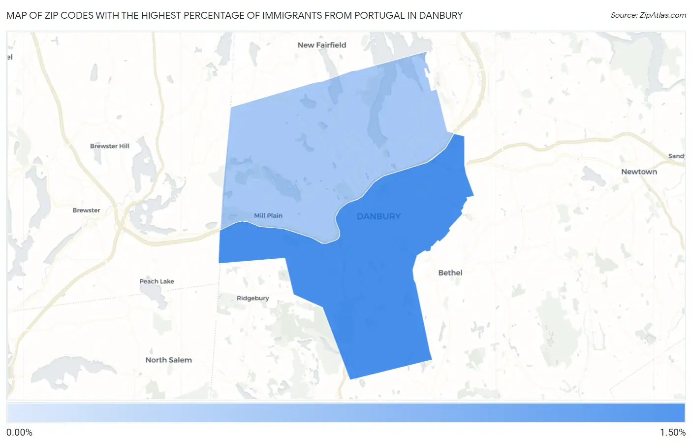 Zip Codes with the Highest Percentage of Immigrants from Portugal in Danbury Map