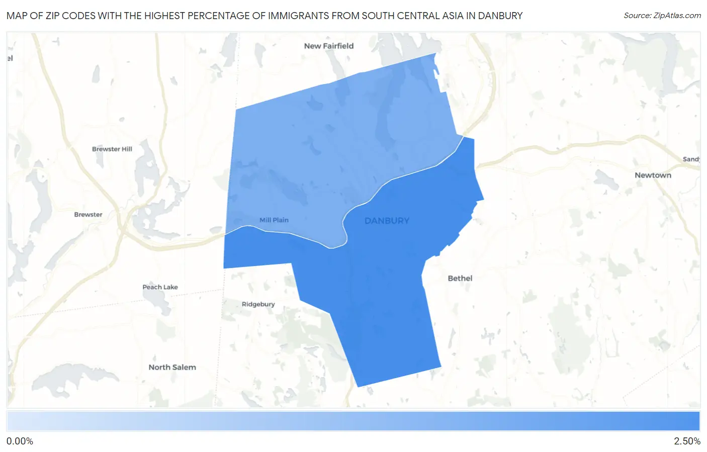 Zip Codes with the Highest Percentage of Immigrants from South Central Asia in Danbury Map