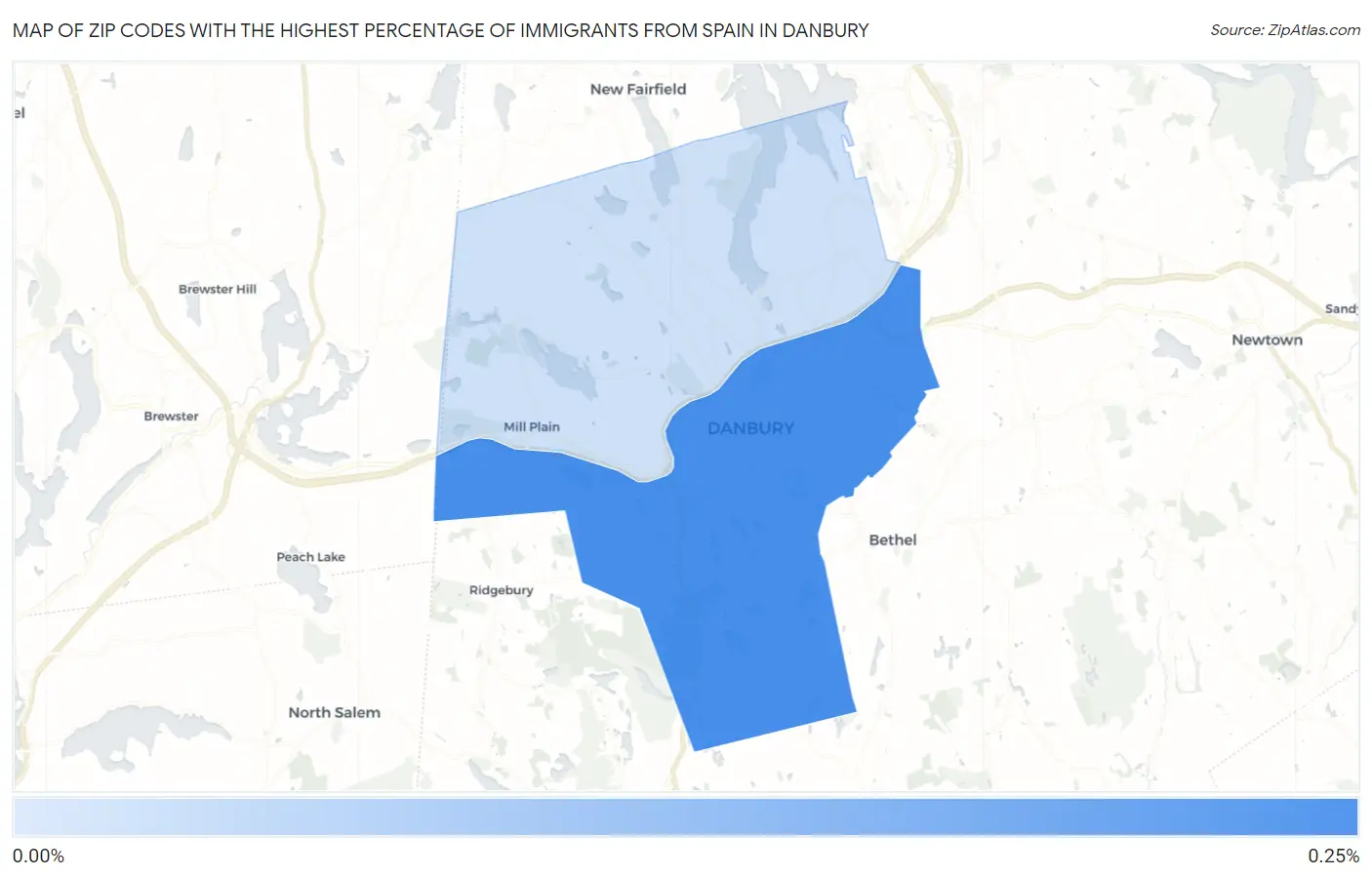 Zip Codes with the Highest Percentage of Immigrants from Spain in Danbury Map