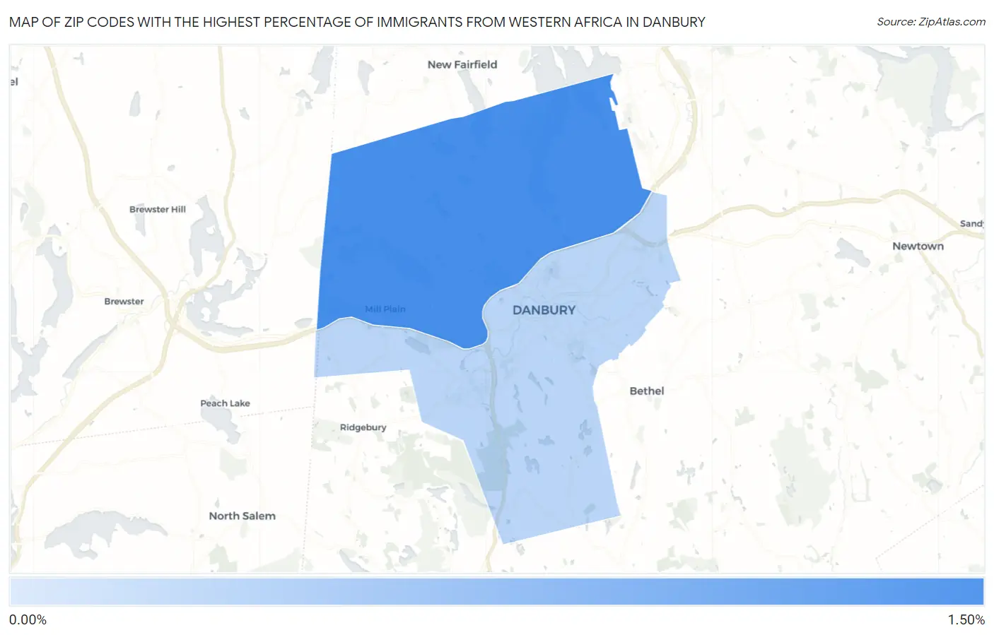 Zip Codes with the Highest Percentage of Immigrants from Western Africa in Danbury Map