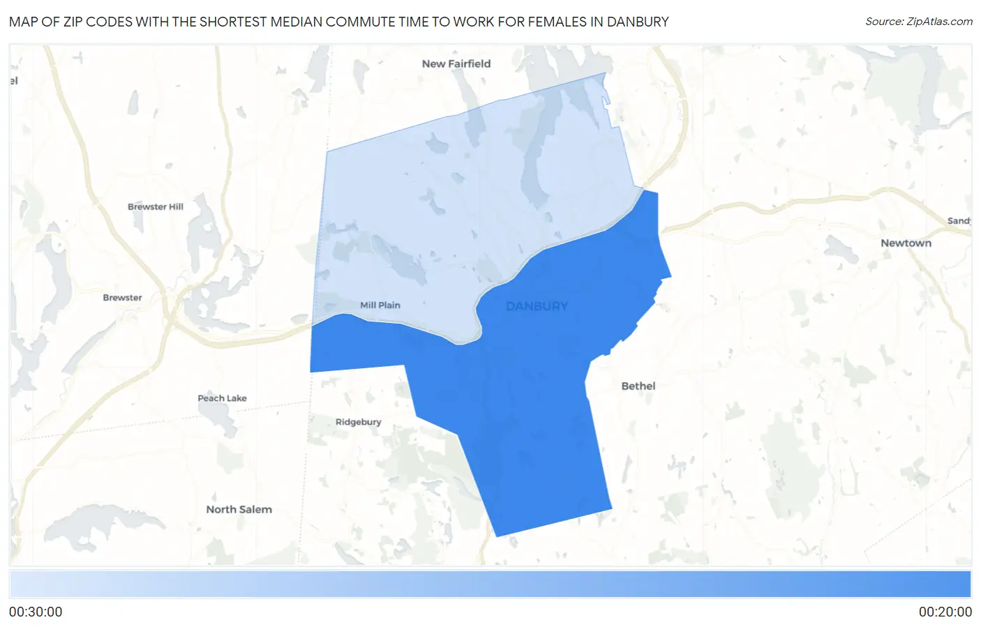 Zip Codes with the Shortest Median Commute Time to Work for Females in Danbury Map