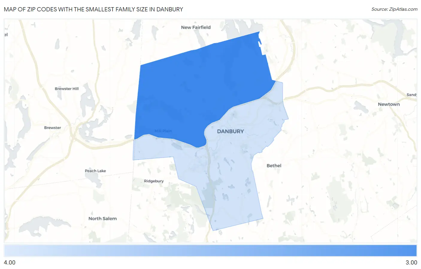Zip Codes with the Smallest Family Size in Danbury Map