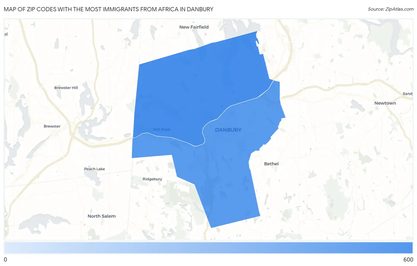 Zip Codes with the Most Immigrants from Africa in Danbury Map