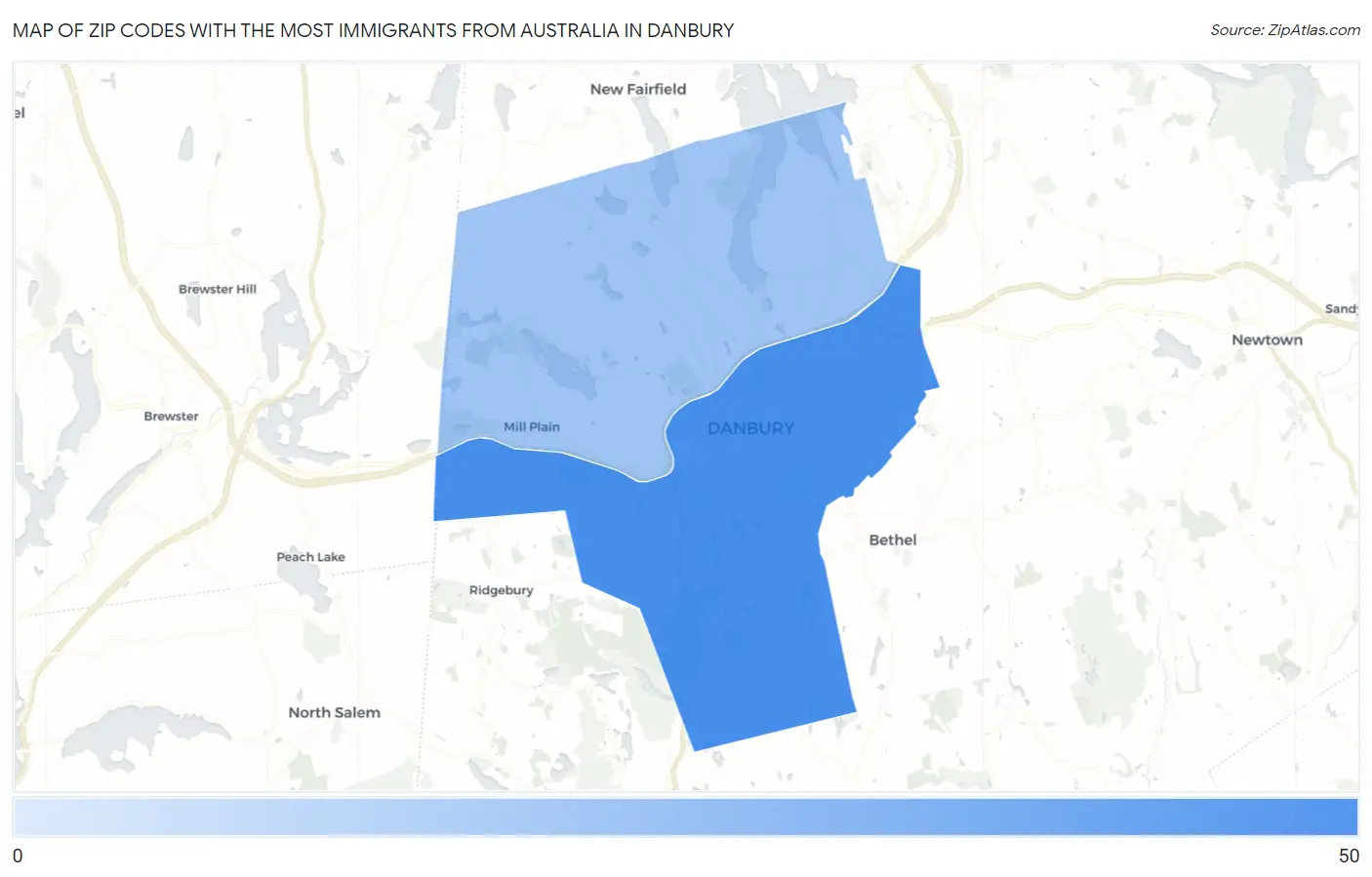 Zip Codes with the Most Immigrants from Australia in Danbury Map