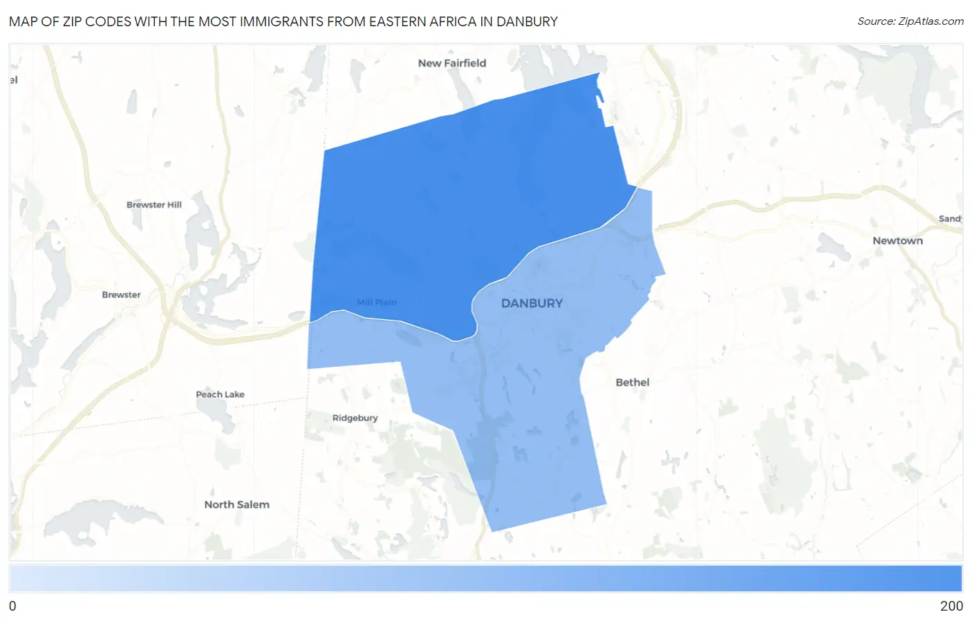 Zip Codes with the Most Immigrants from Eastern Africa in Danbury Map