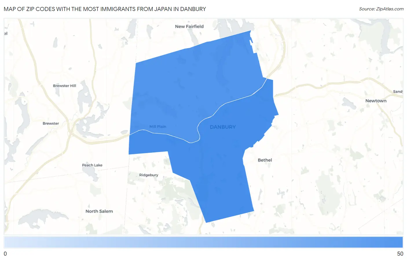 Zip Codes with the Most Immigrants from Japan in Danbury Map