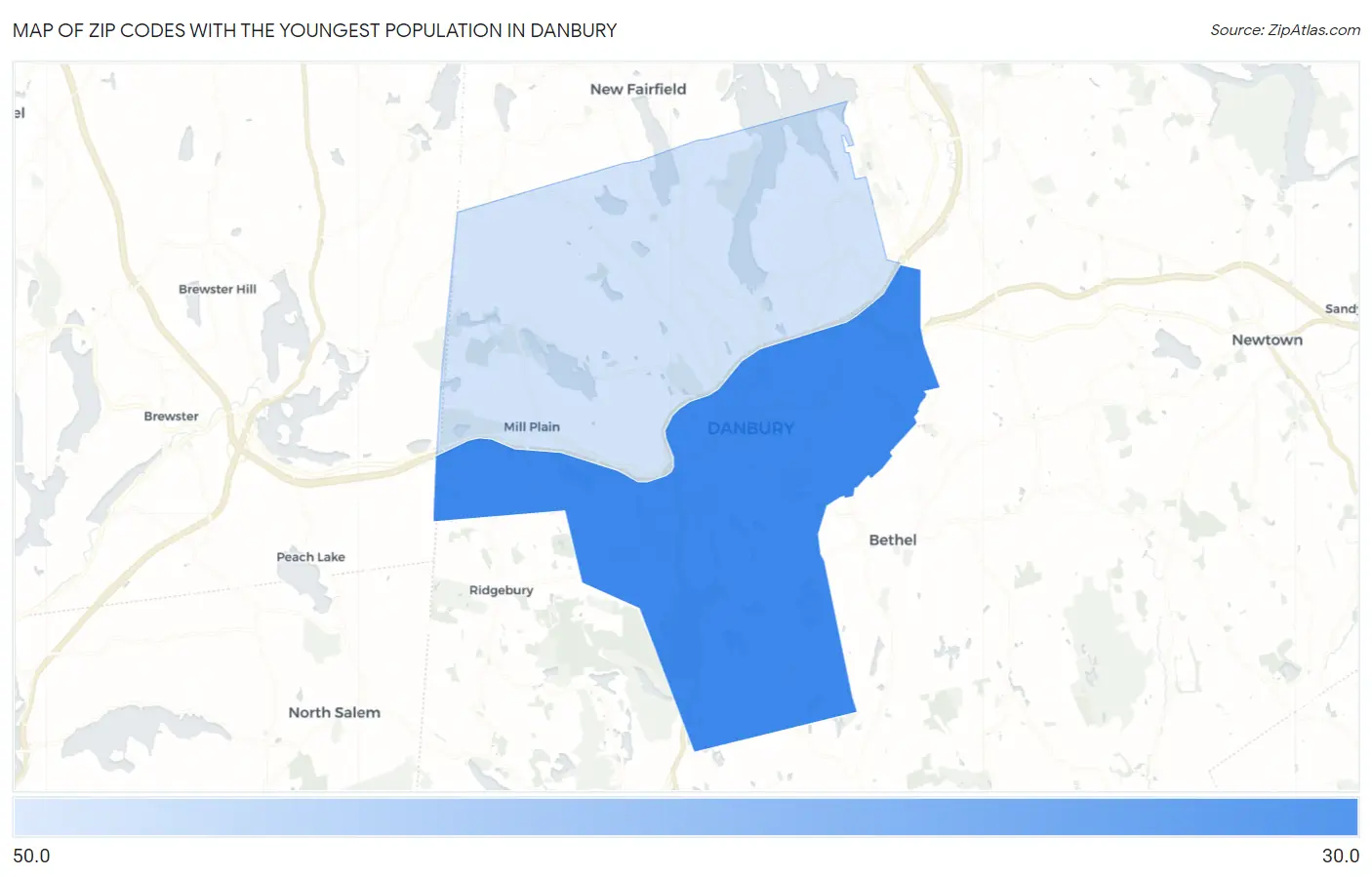 Zip Codes with the Youngest Population in Danbury Map