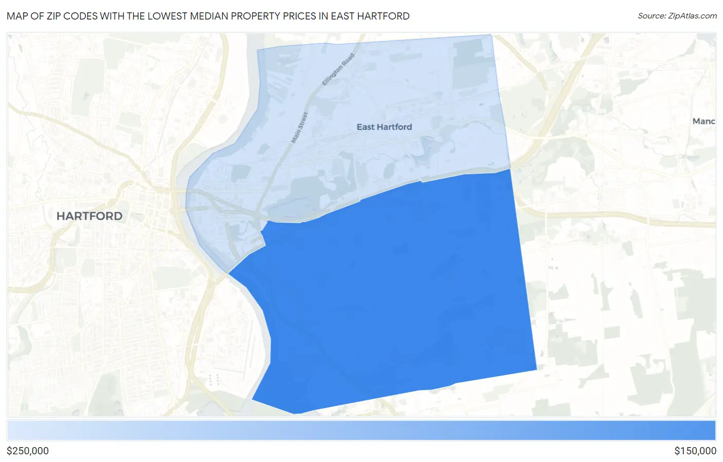 Zip Codes with the Lowest Median Property Prices in East Hartford Map