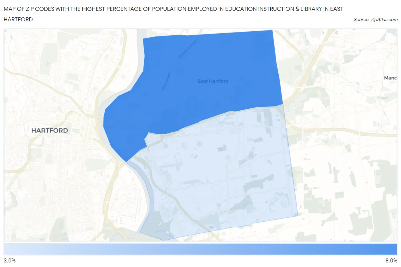 Zip Codes with the Highest Percentage of Population Employed in Education Instruction & Library in East Hartford Map