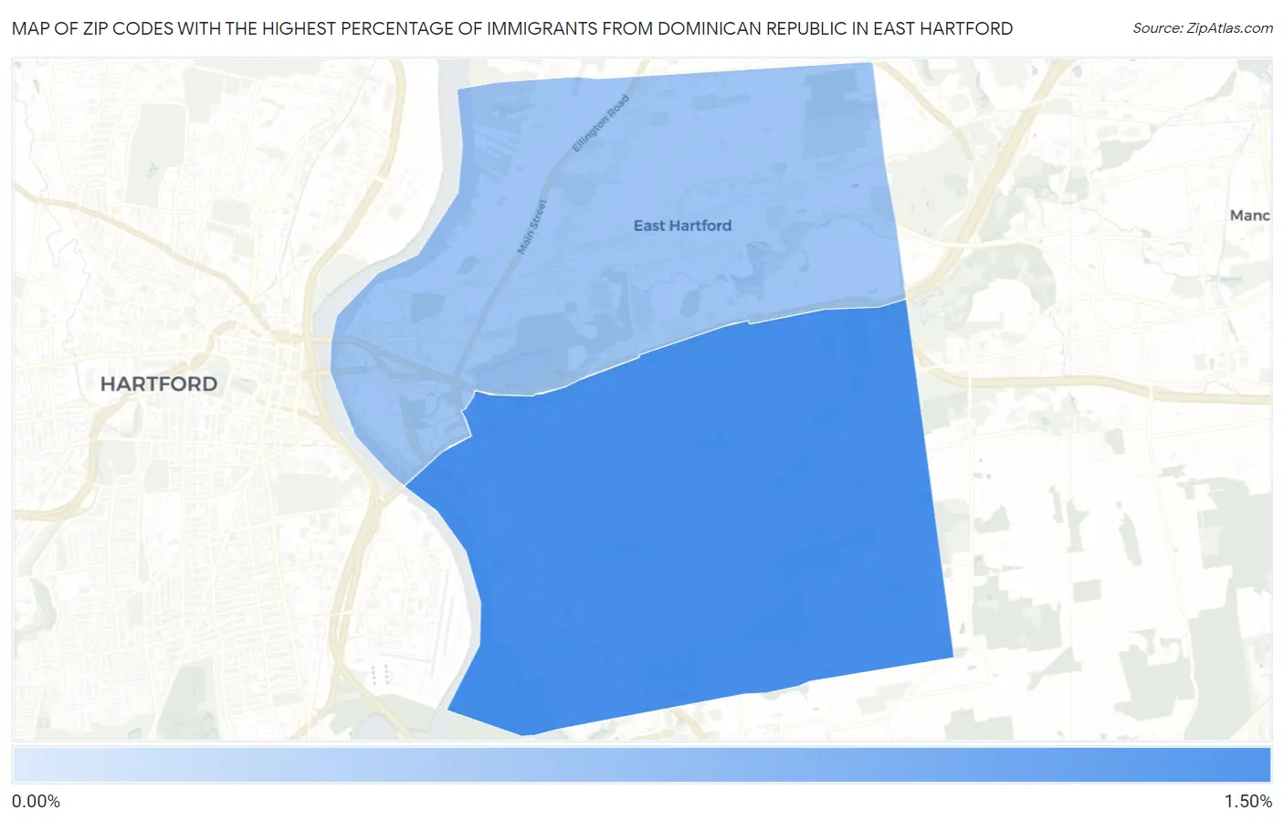 Zip Codes with the Highest Percentage of Immigrants from Dominican Republic in East Hartford Map