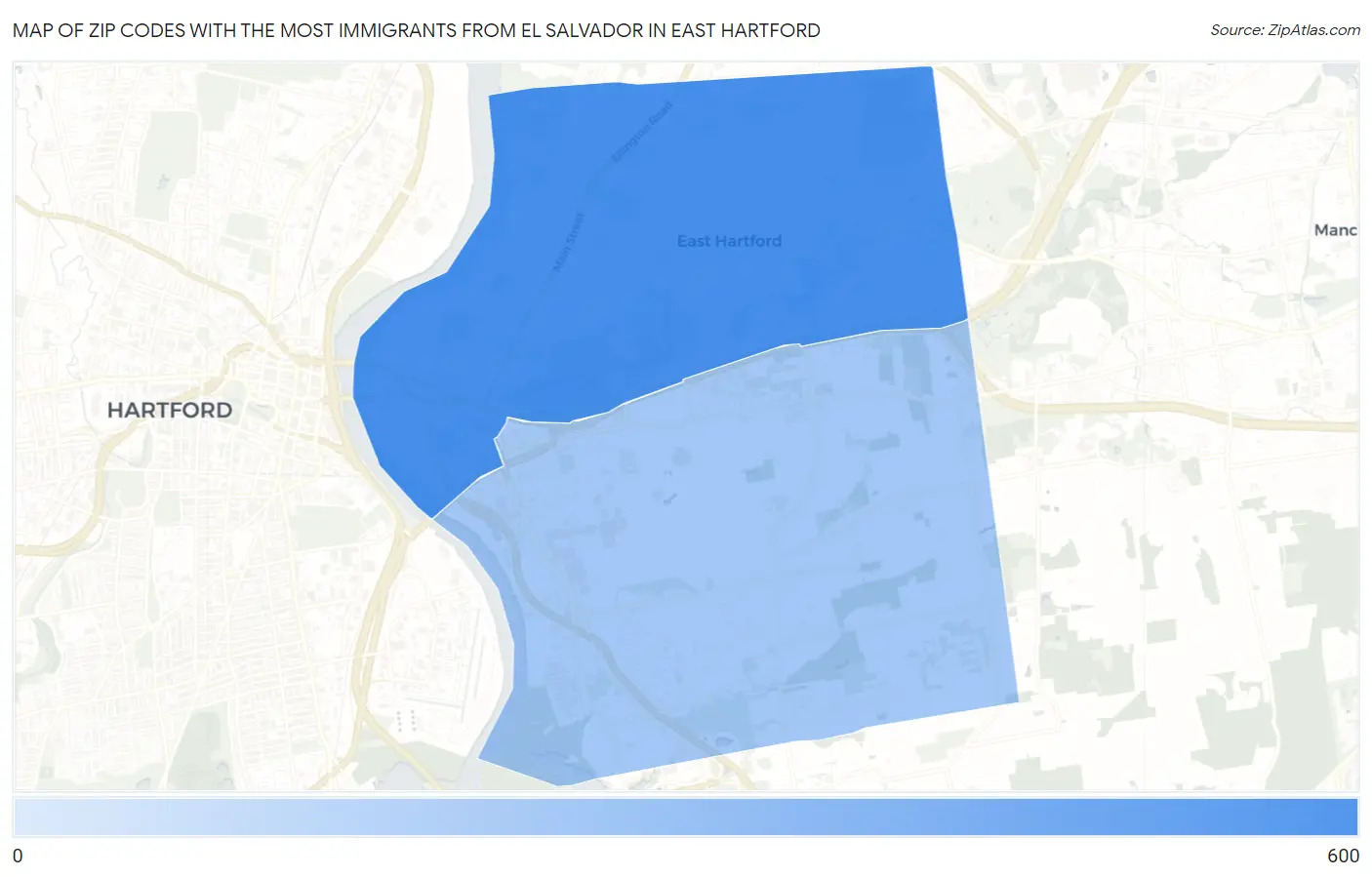 Zip Codes with the Most Immigrants from El Salvador in East Hartford Map