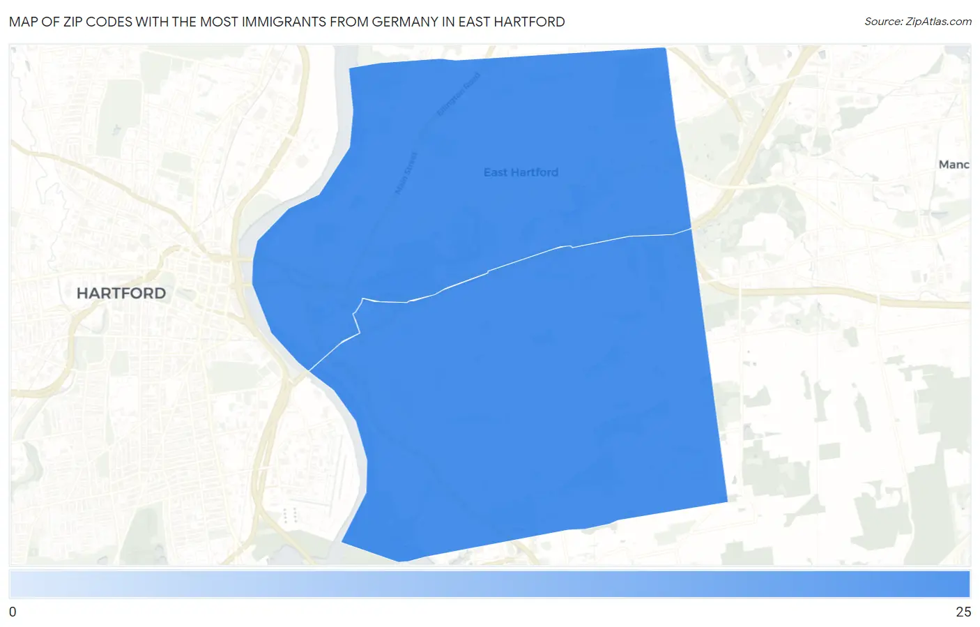 Zip Codes with the Most Immigrants from Germany in East Hartford Map