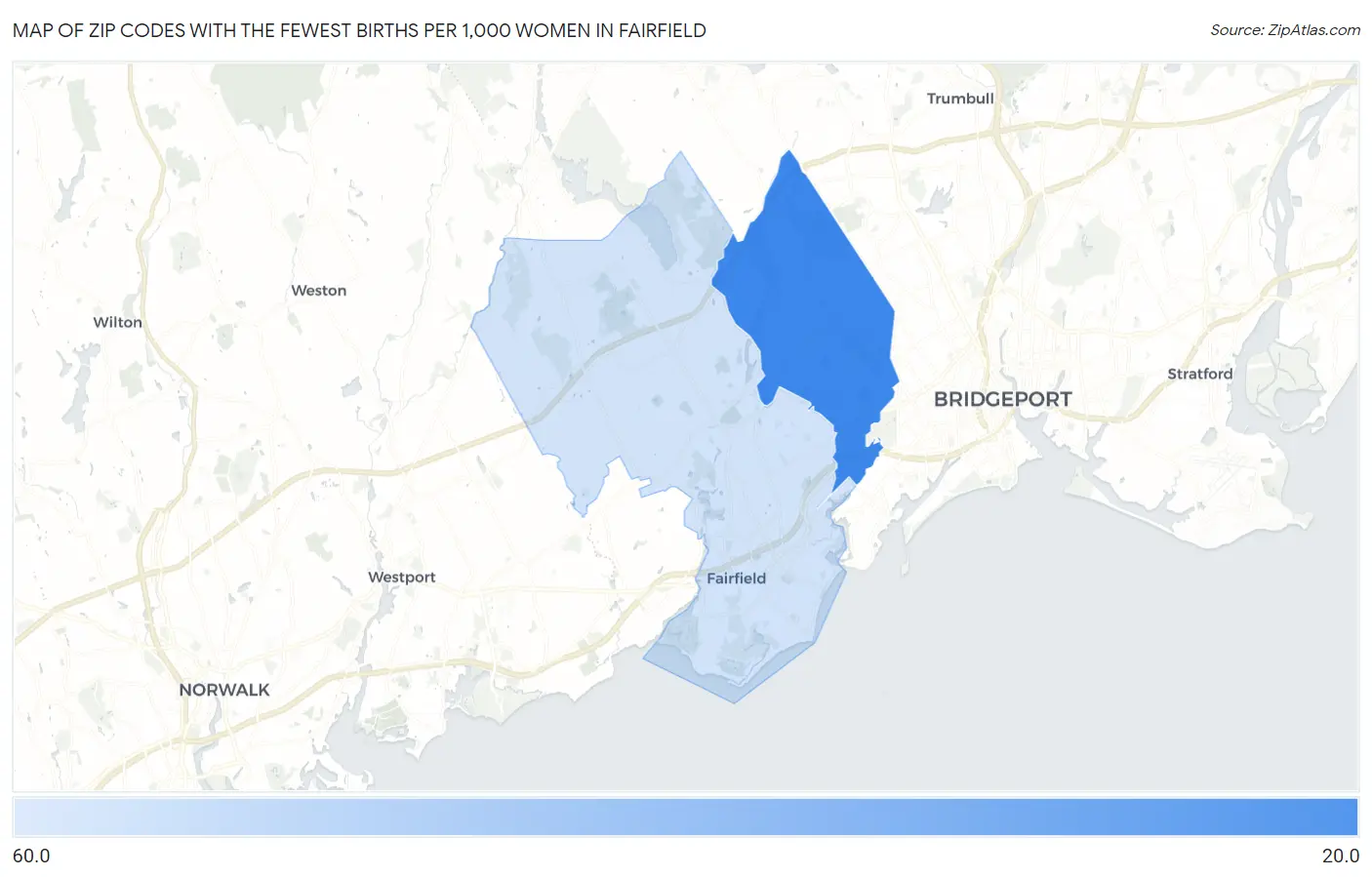 Zip Codes with the Fewest Births per 1,000 Women in Fairfield Map