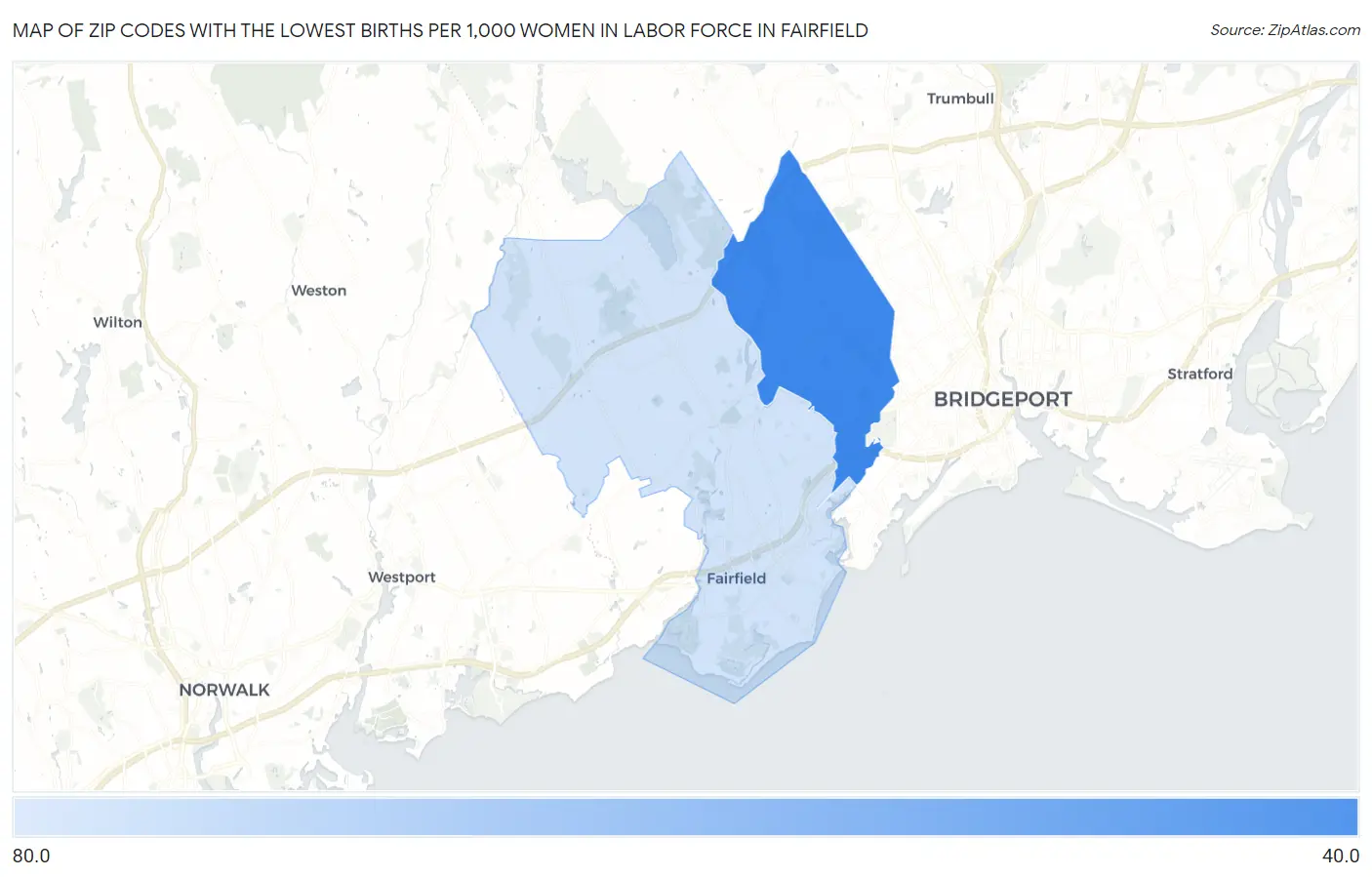 Zip Codes with the Lowest Births per 1,000 Women in Labor Force in Fairfield Map