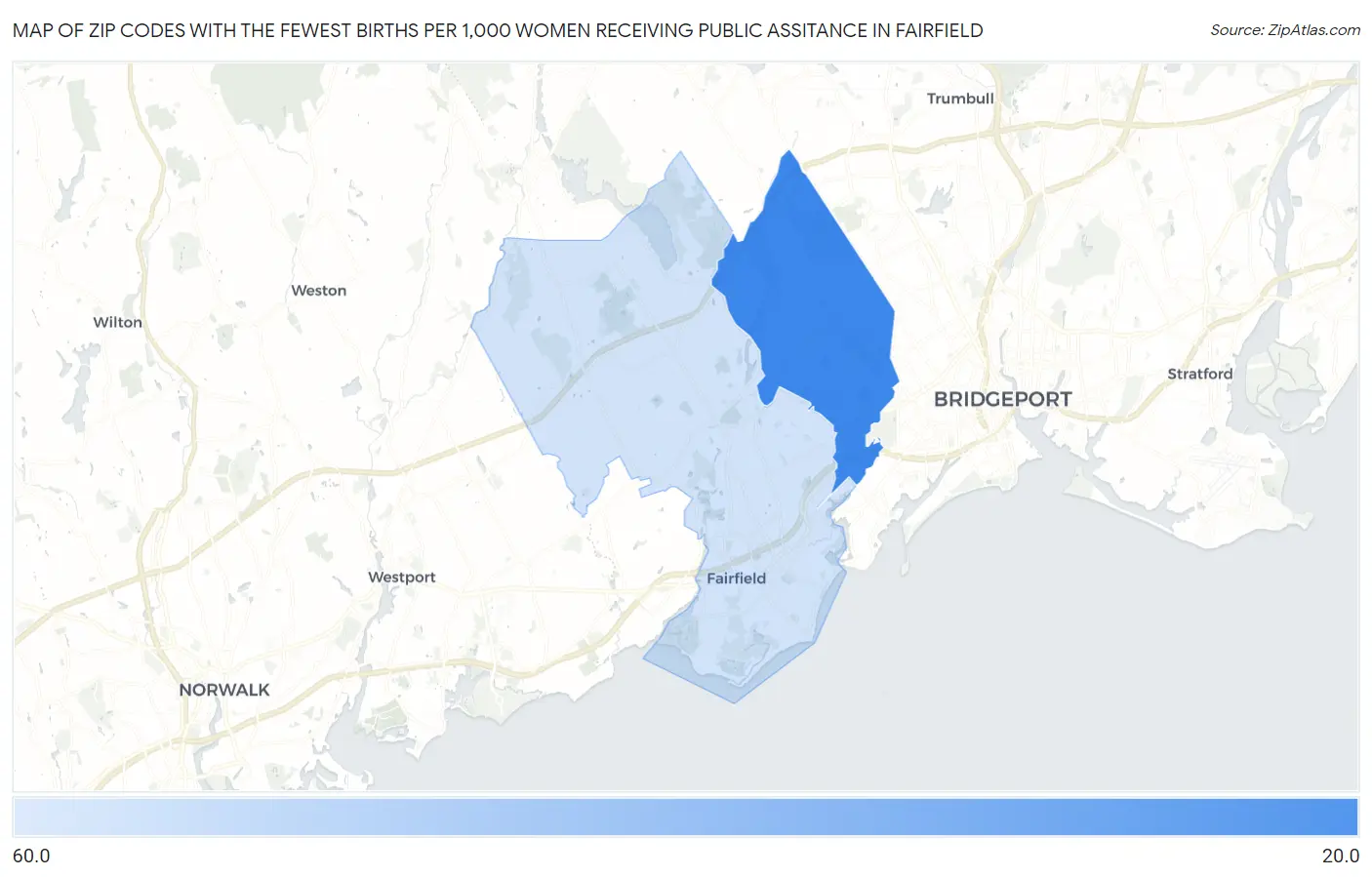 Zip Codes with the Fewest Births per 1,000 Women Receiving Public Assitance in Fairfield Map